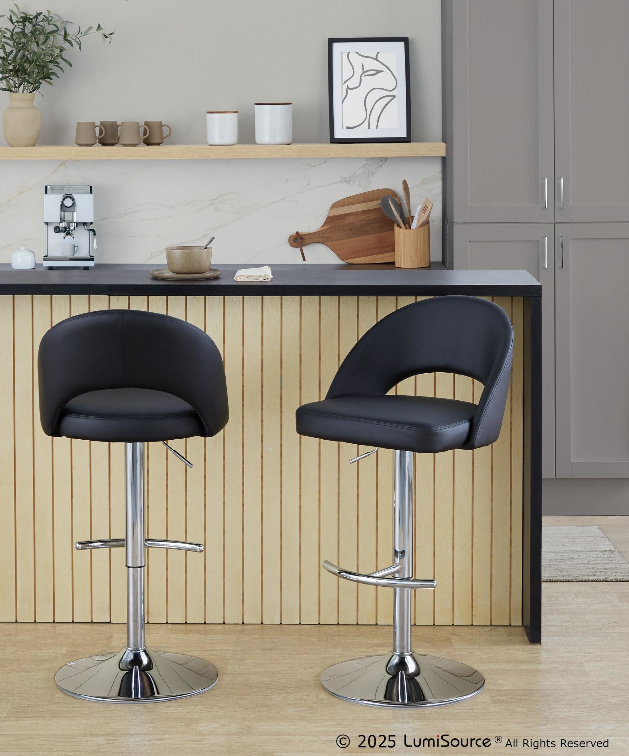 Renee Adjustable Barstool - Set of 2 - Chrome, Black PU