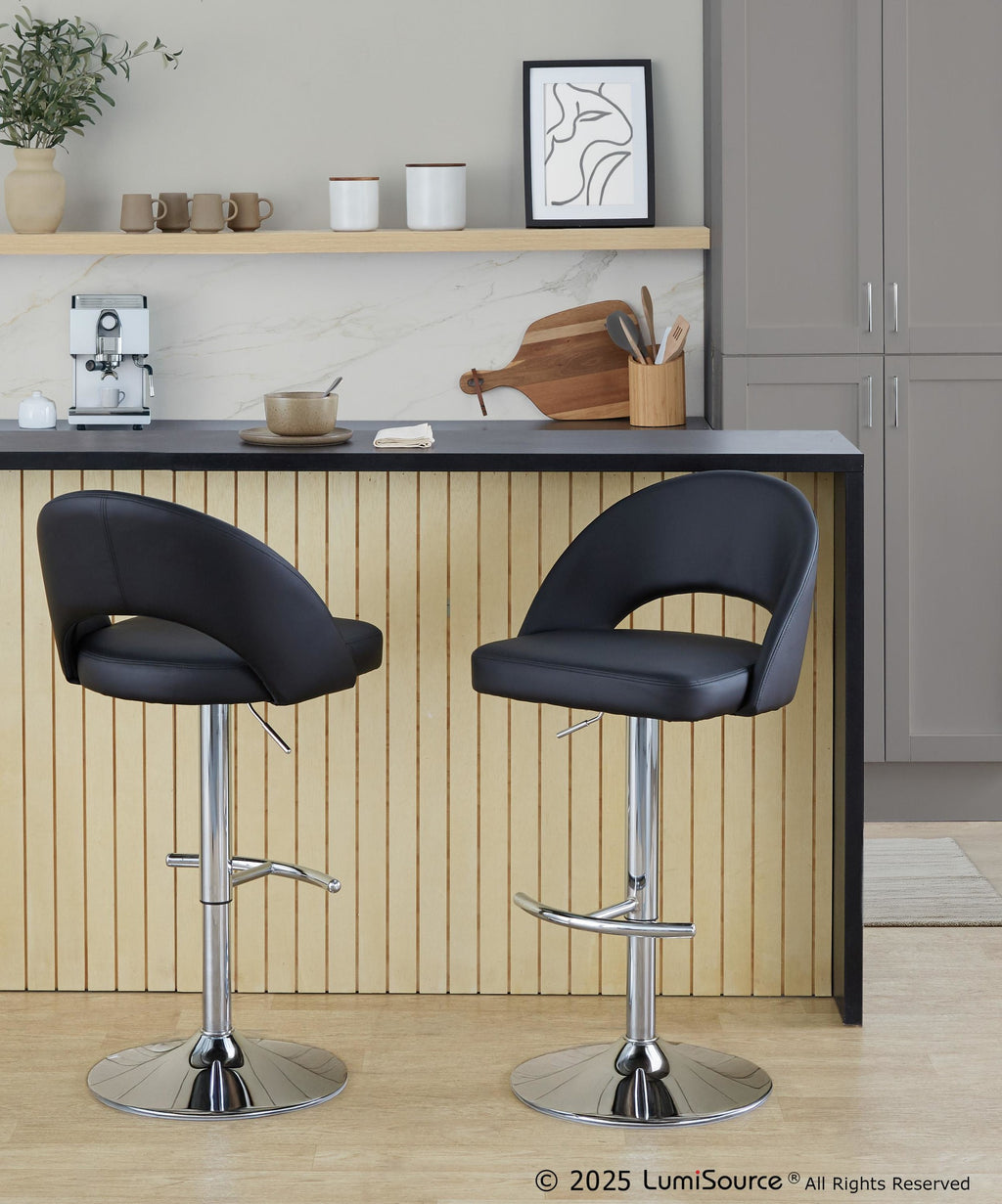 Renee Adjustable Barstool - Set of 2 - Chrome, Black PU