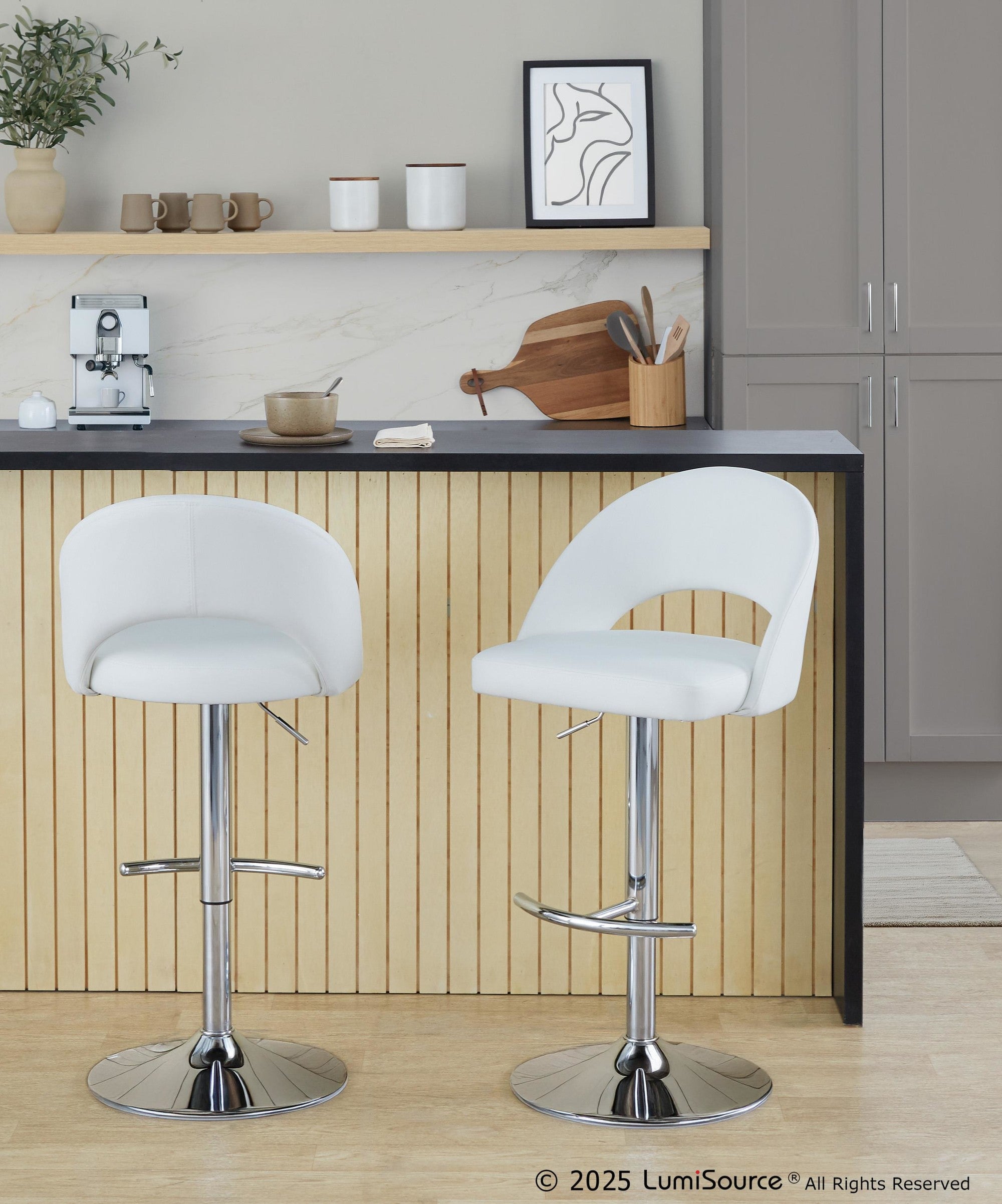 Renee Adjustable Barstool - Set of 2 - Chrome, White PU