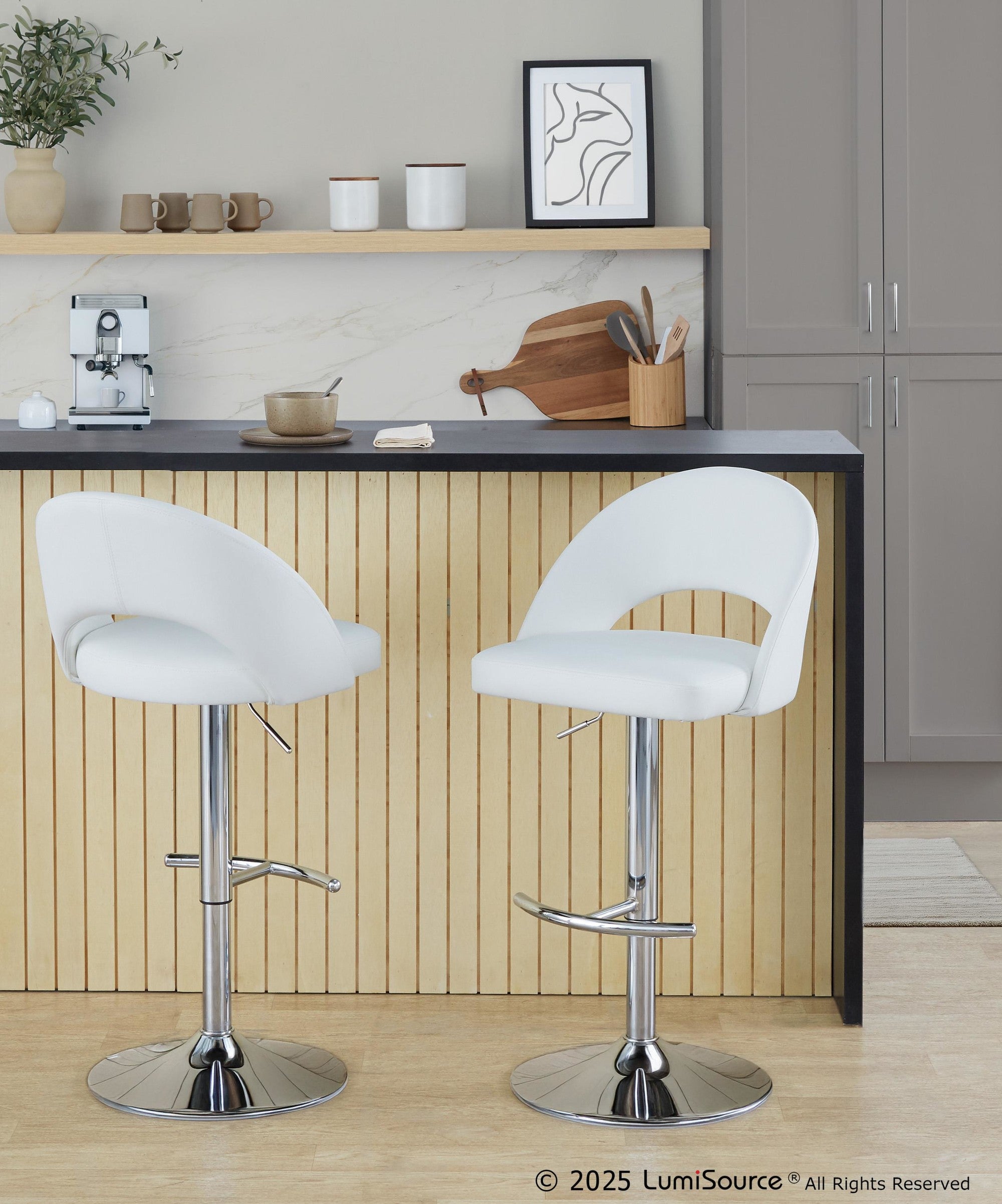 Renee Adjustable Barstool - Set of 2 - Chrome, White PU