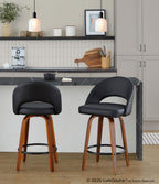 Renee Upholstered 26" Fixed-Height Counter Stool - Set of 2 - Walnut Wood, Black PU, Black Metal