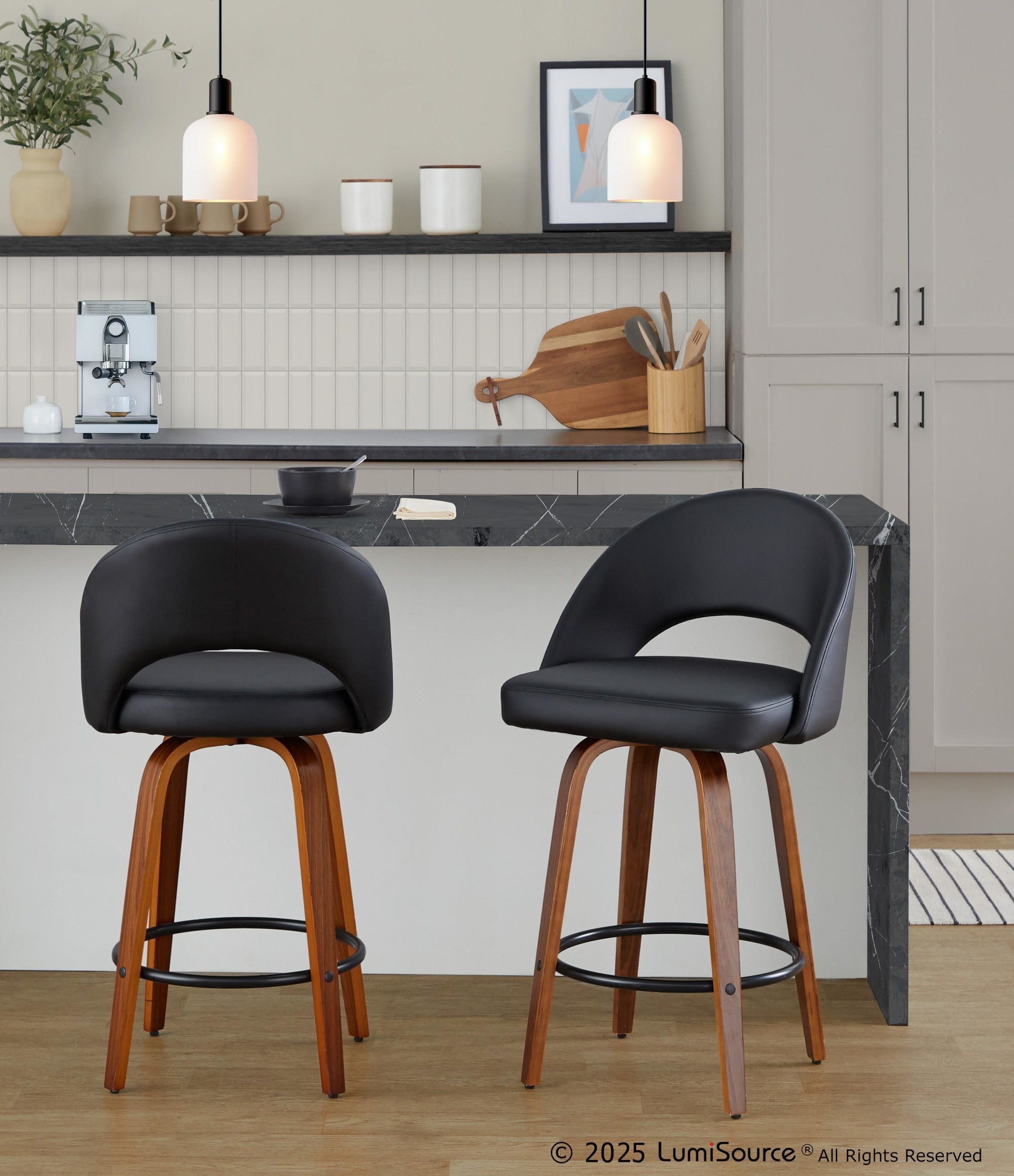 Renee Upholstered 26" Fixed-Height Counter Stool - Set of 2 - Walnut Wood, Black PU, Black Metal
