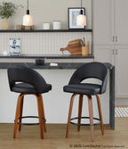 Renee Upholstered 26" Fixed-Height Counter Stool - Set of 2 - Walnut Wood, Black PU, Black Metal