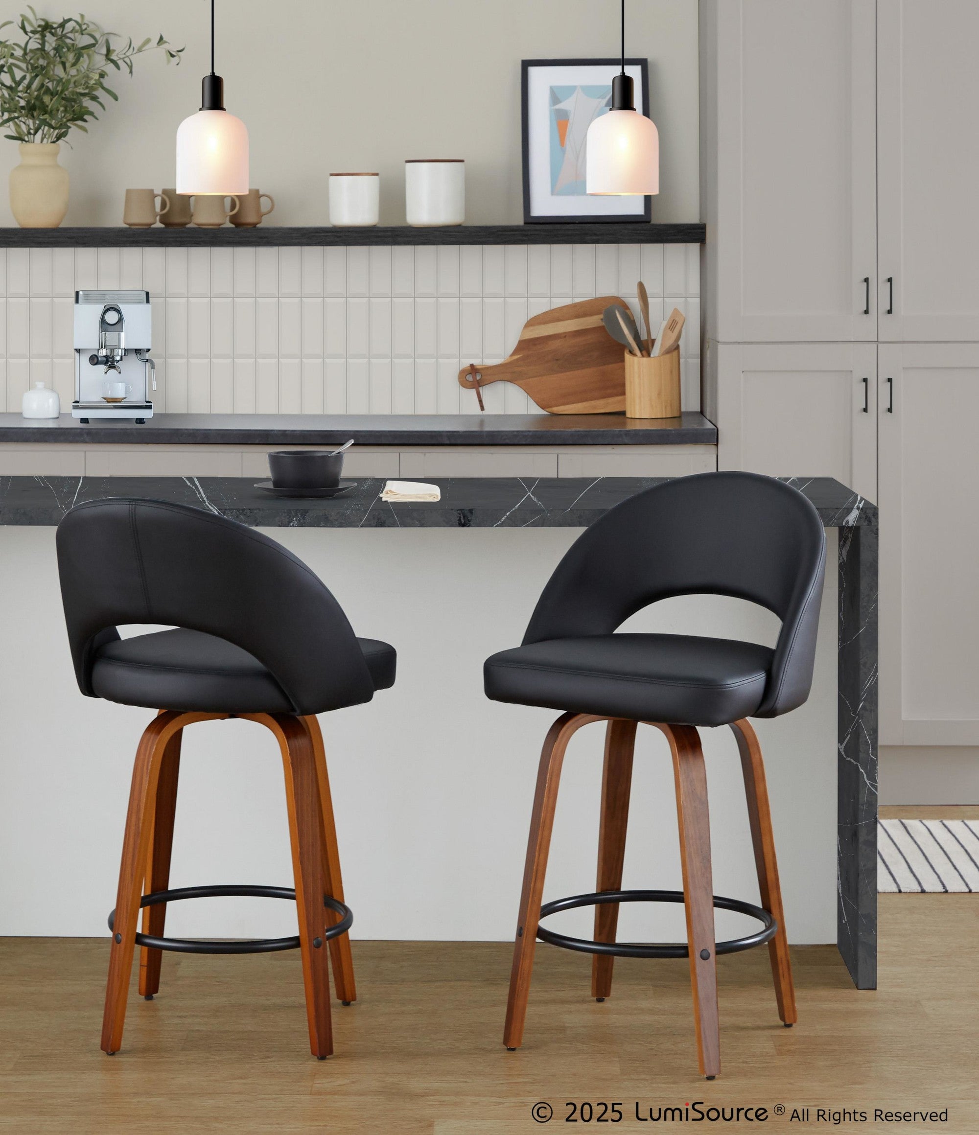 Renee Upholstered 26" Fixed-Height Counter Stool - Set of 2 - Walnut Wood, Black PU, Black Metal