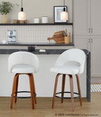 Renee Upholstered 26" Fixed-Height Counter Stool - Set of 2 - Walnut Wood, White PU, Black Metal