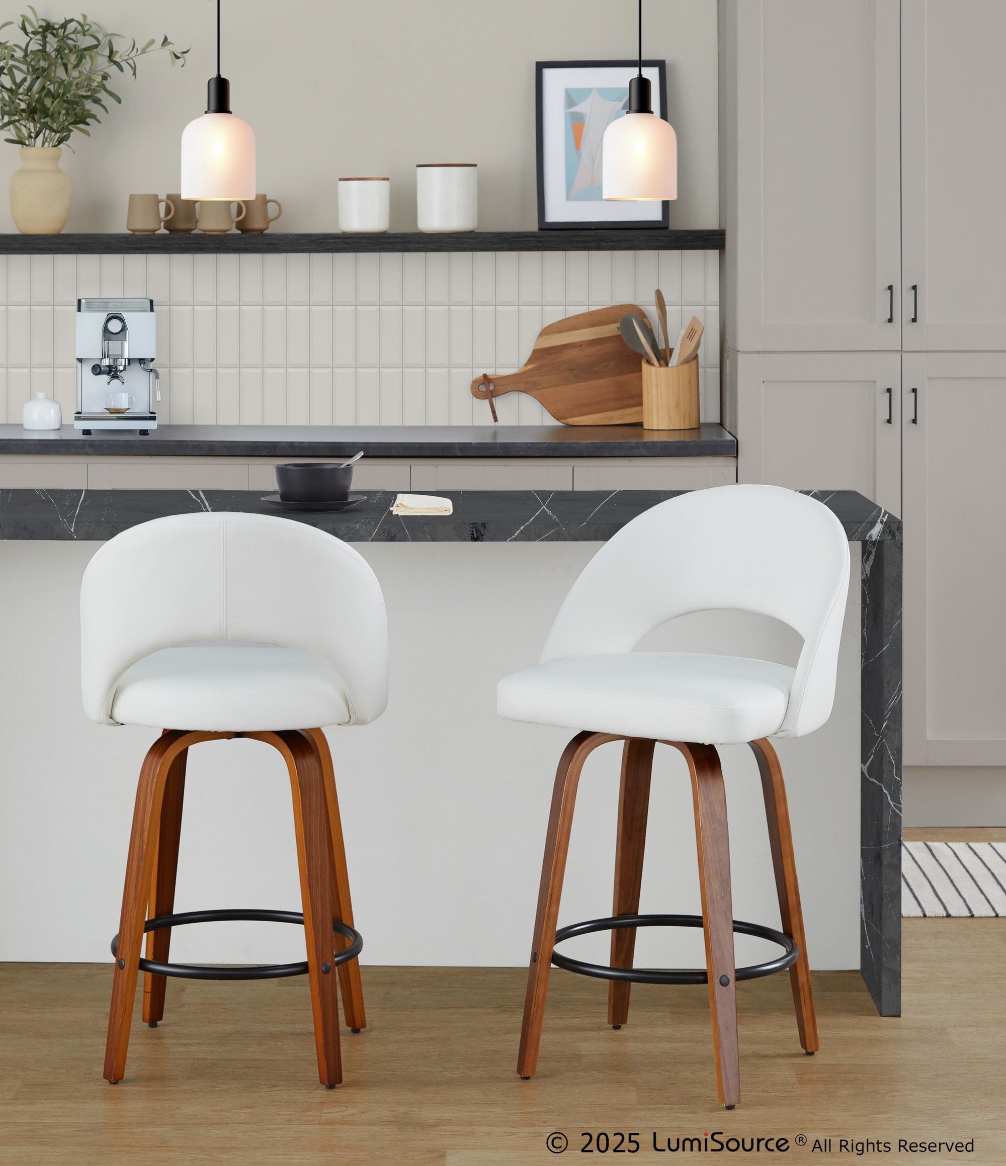 Renee Upholstered 26" Fixed-Height Counter Stool - Set of 2 - Walnut Wood, White PU, Black Metal