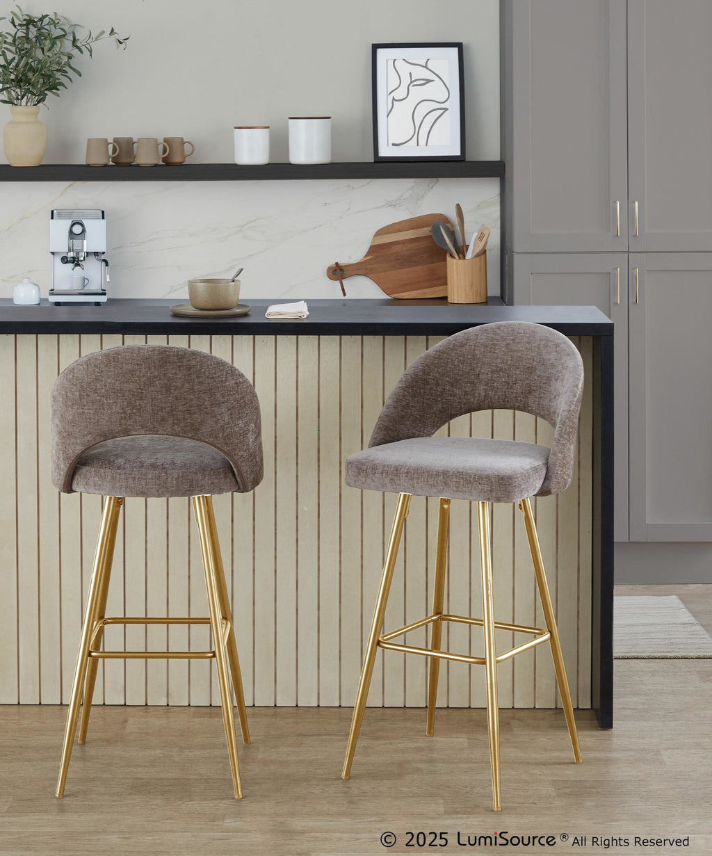 Renee Upholstered 30" Fixed-Height Barstool - Set of 2 - Gold Metal, Brown Fabric