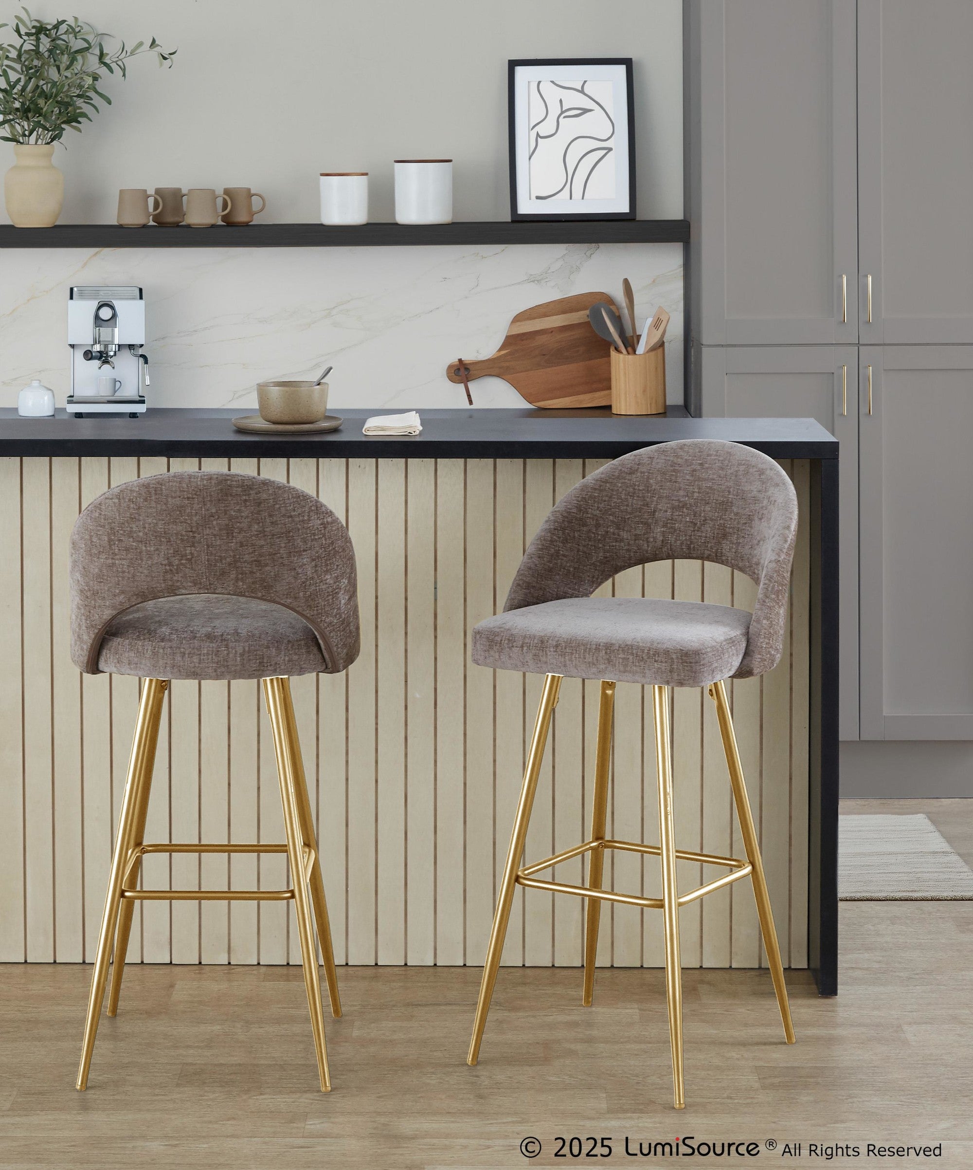 Renee Upholstered 30" Fixed-Height Barstool - Set of 2 - Gold Metal, Brown Fabric