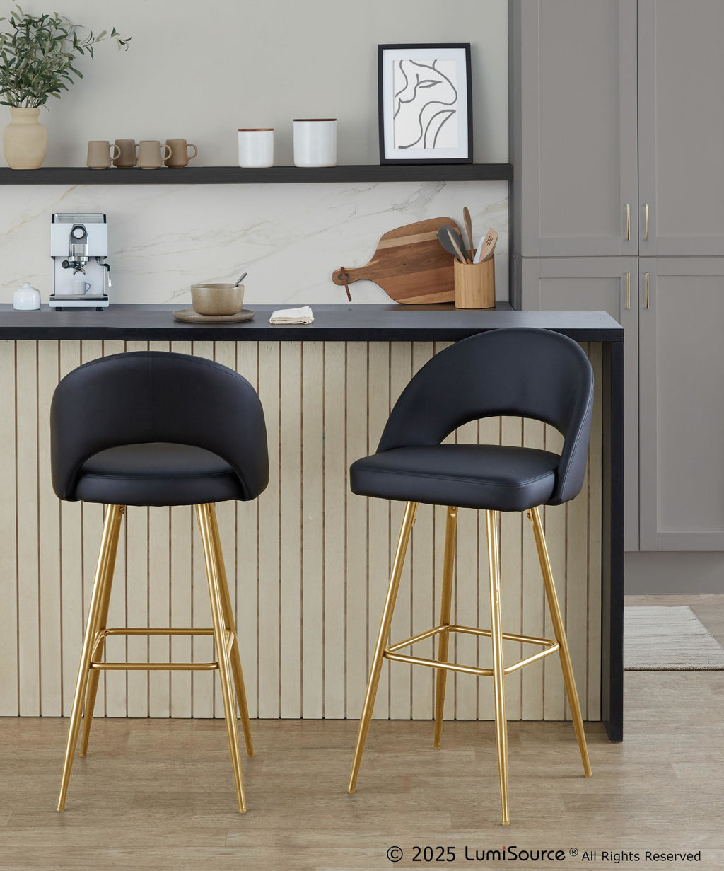 Renee Upholstered 30" Fixed-Height Barstool - Set of 2 - Gold Metal, Black PU