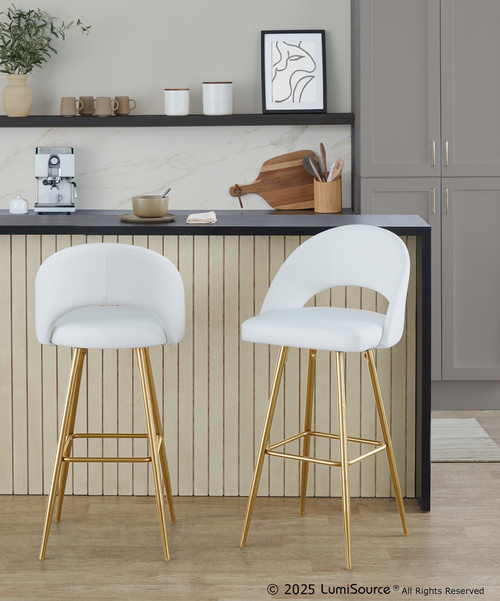 Renee Upholstered 30" Fixed-Height Barstool - Set of 2 - Gold Metal, White PU