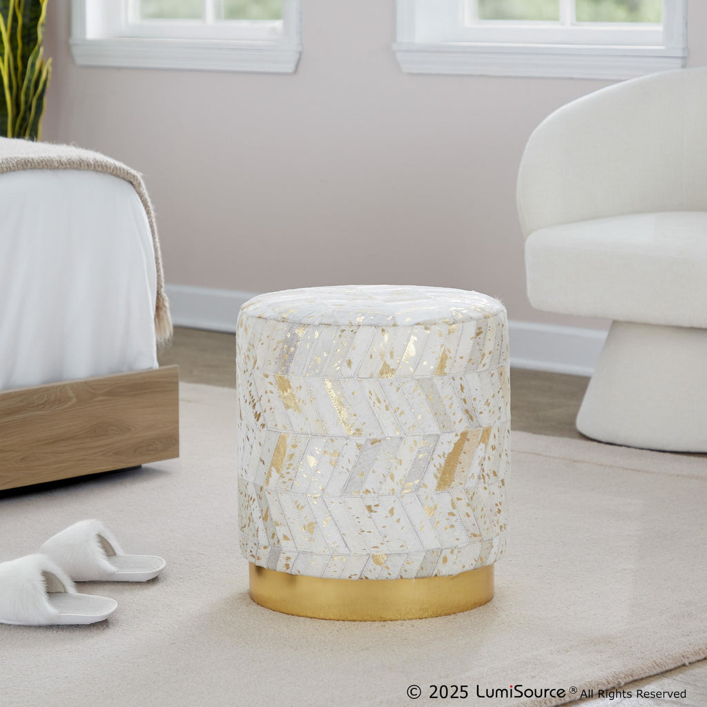 Oro 18" Ottoman - Gold Metal, Ivory Leather, Gold Splatter