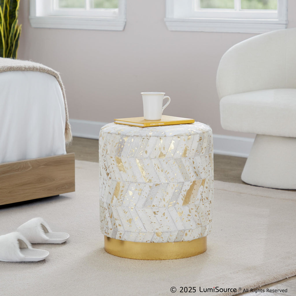 Oro 18" Ottoman - Gold Metal, Ivory Leather, Gold Splatter