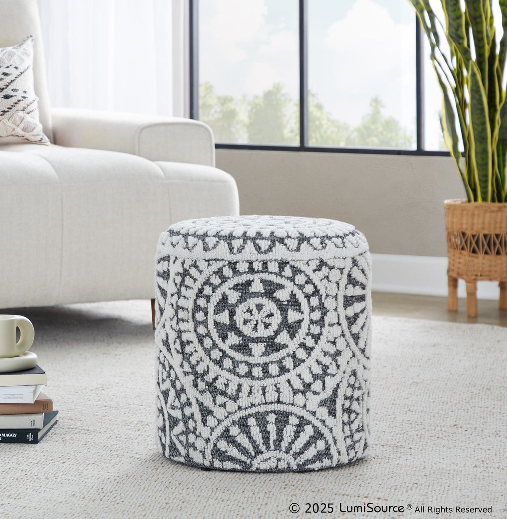Tahoe 18" Mosaic Ottoman - Black Wool, Ivory Wool