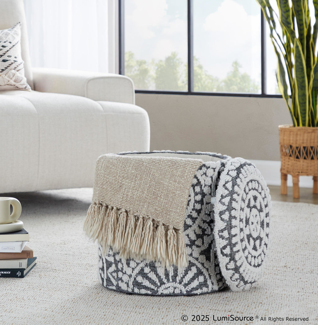 Tahoe 18" Mosaic Ottoman - Black Wool, Ivory Wool