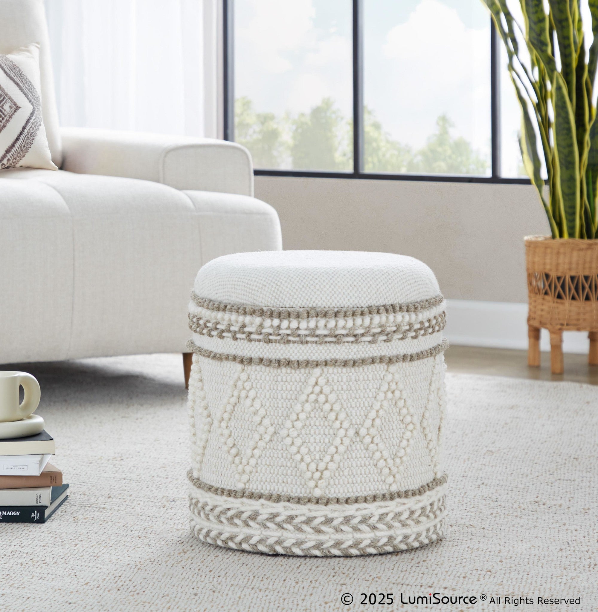 Tahoe 18" Pom Pom Ottoman - Beige Wool