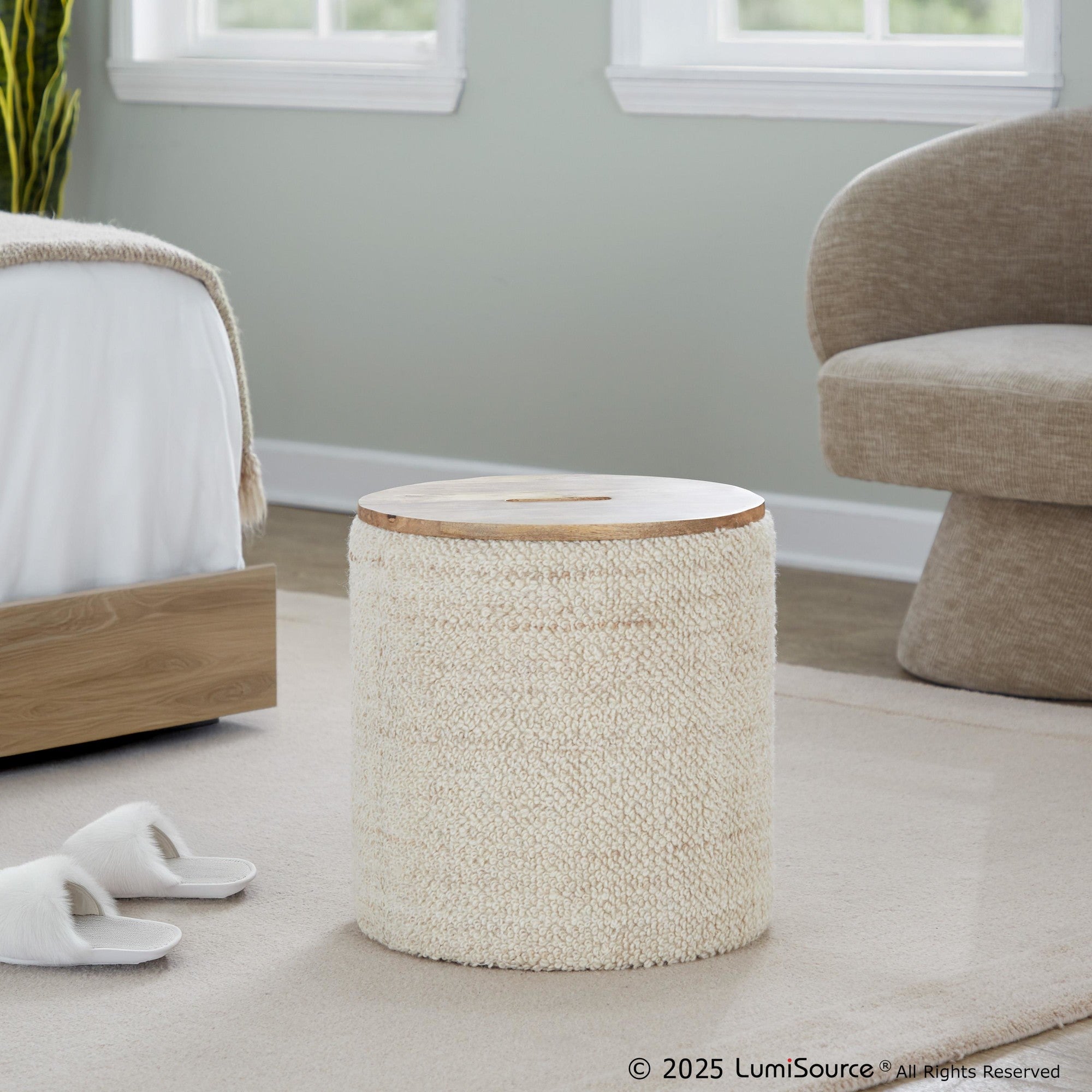Tahoe 17" Wood Ottoman - Beige Wool, Mango Wood