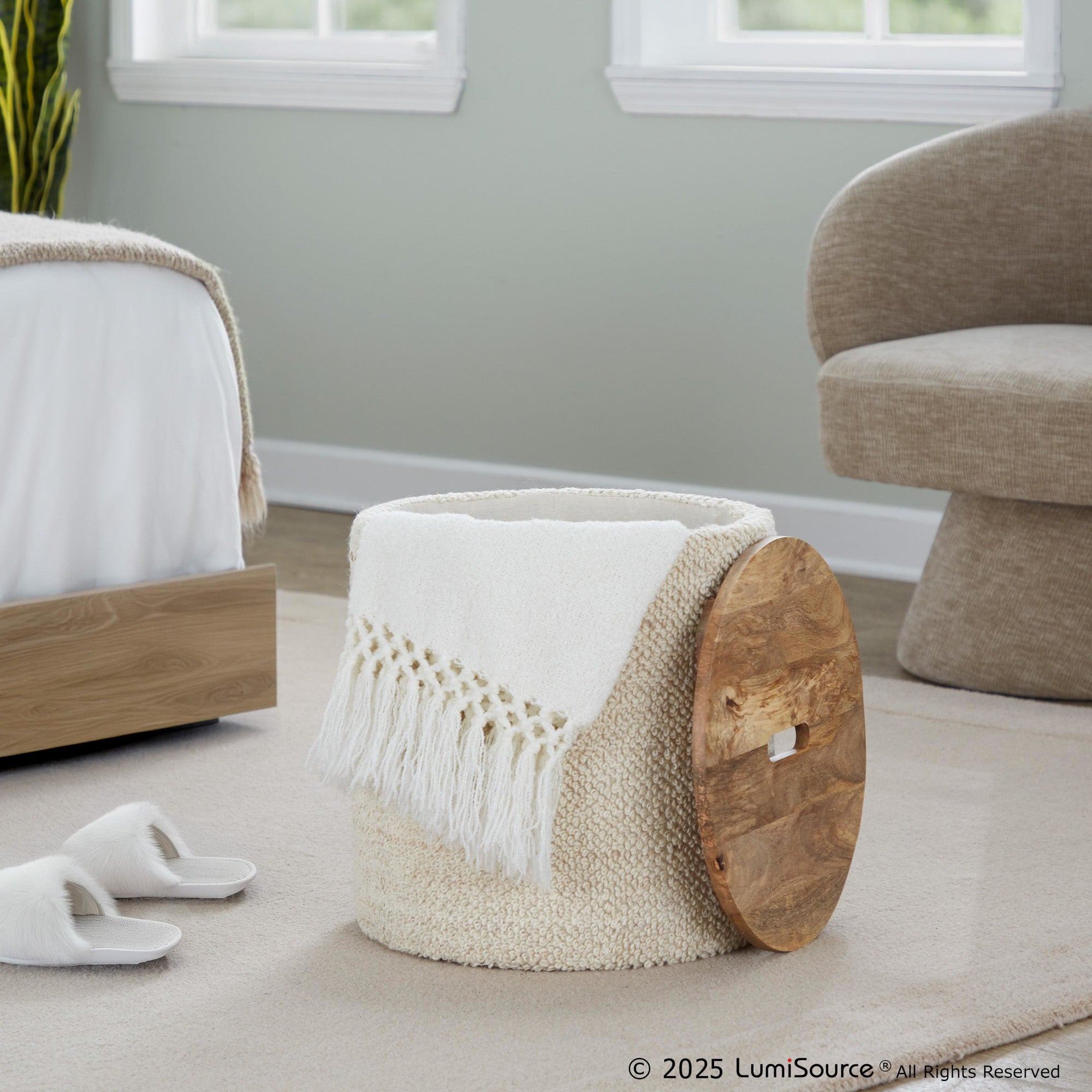 Tahoe 17" Wood Ottoman - Beige Wool, Mango Wood