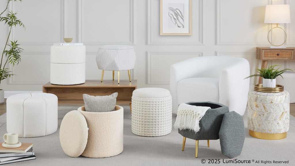 Diamond Ottoman - Gold Metal, Light Grey Fabric