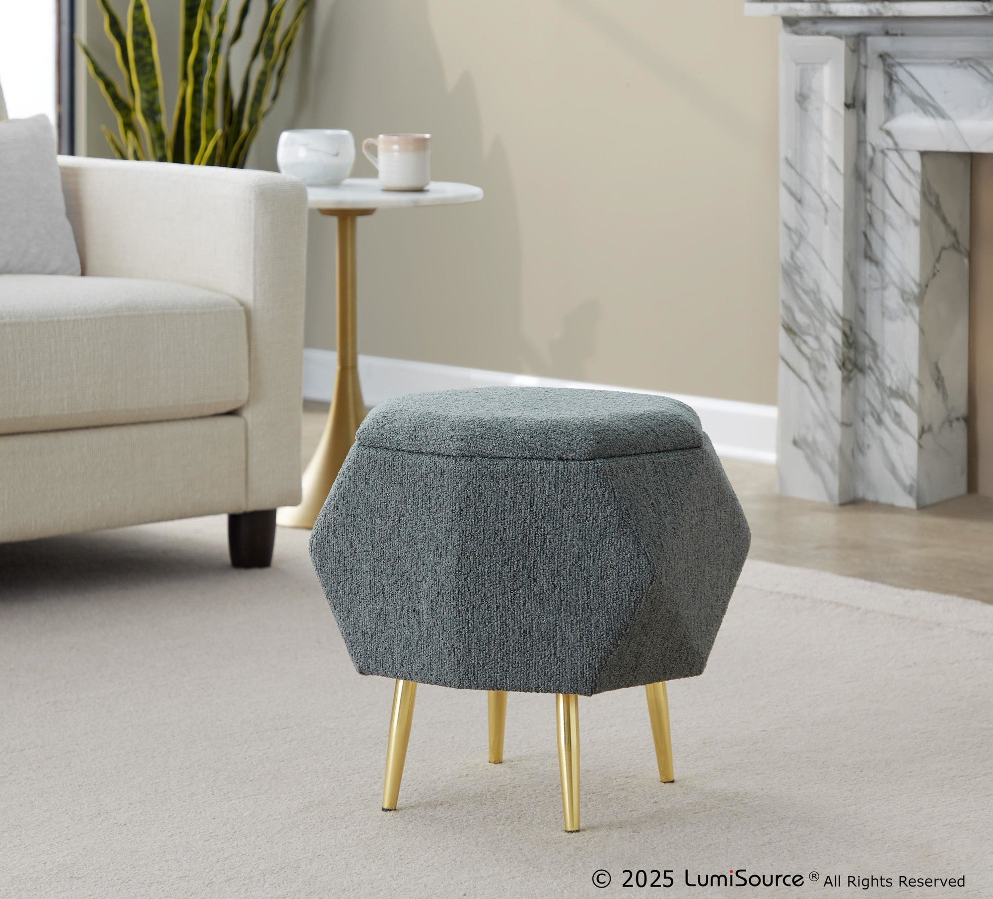 Diamond Ottoman - Gold Metal, Green Fabric