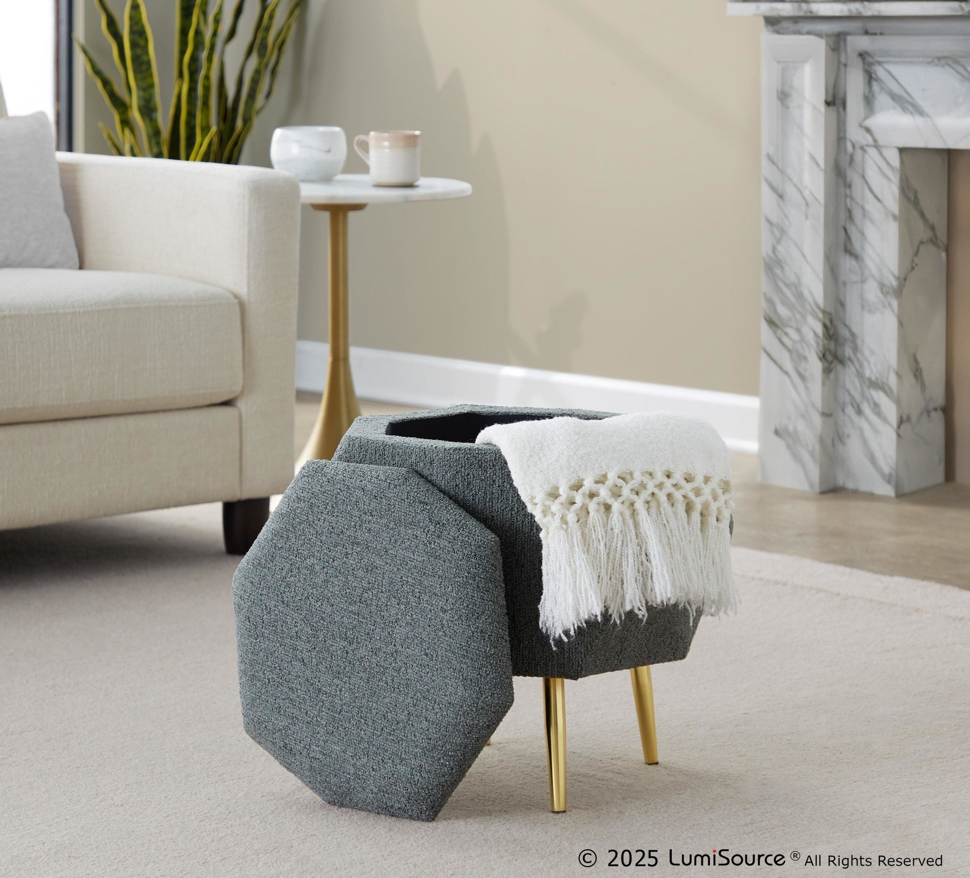 Diamond Ottoman - Gold Metal, Green Fabric