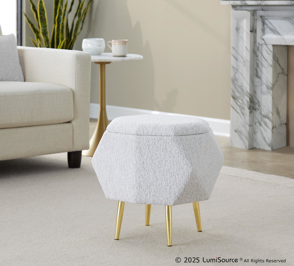 Diamond Ottoman - Gold Metal, Light Grey Fabric