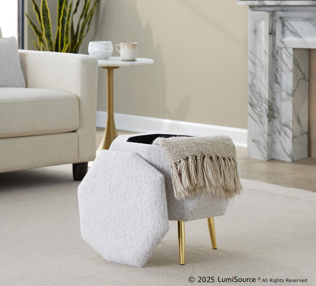 Diamond Ottoman - Gold Metal, Light Grey Fabric