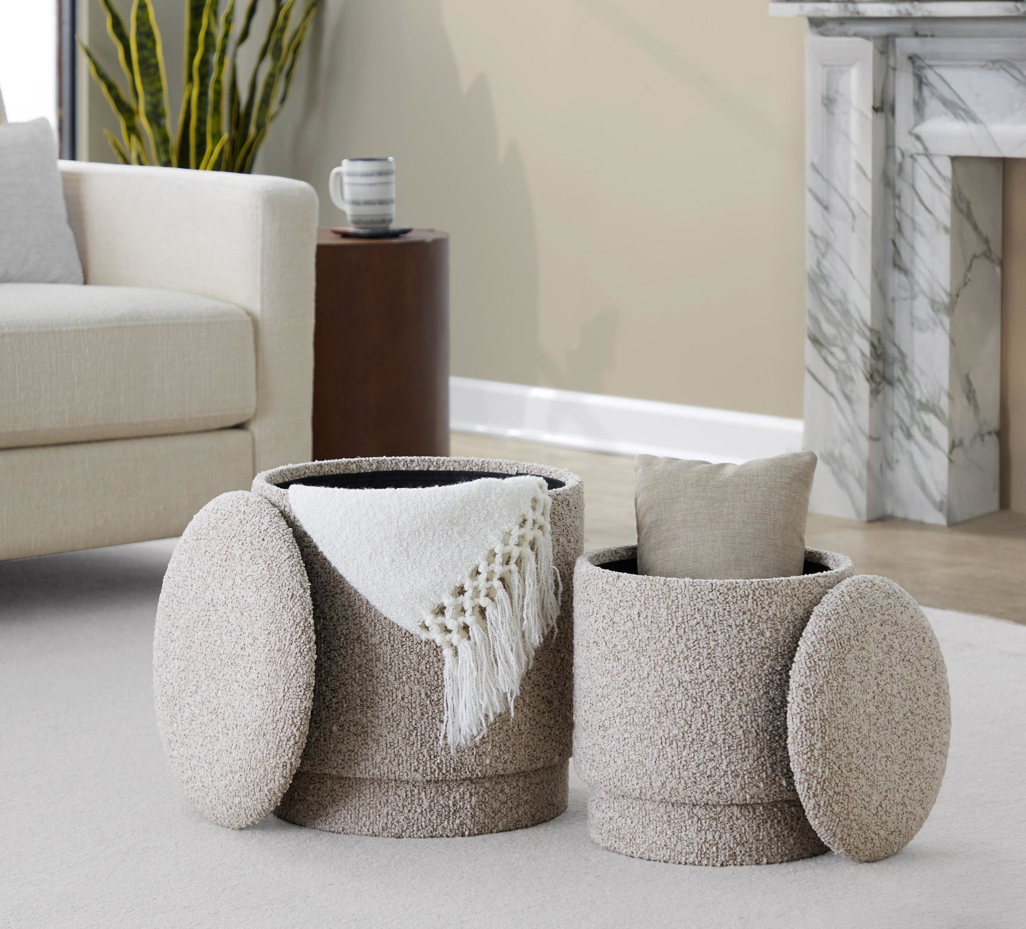 Marla Upholstered Ottoman 2-Piece Set - Light Brown Fabric