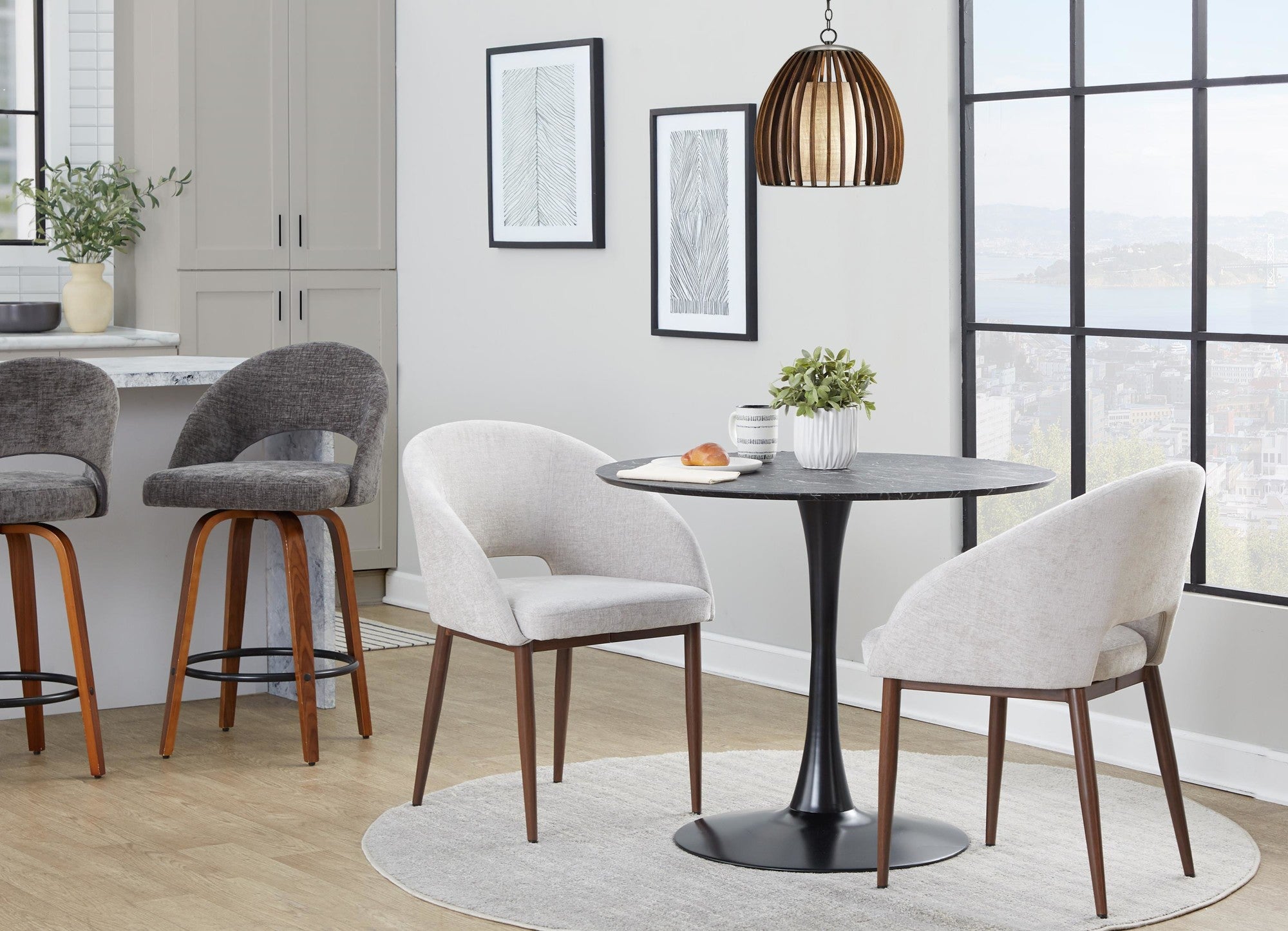 Renee Upholstered Chair - Set of 2 - Walnut Metal, Off-white Fabric