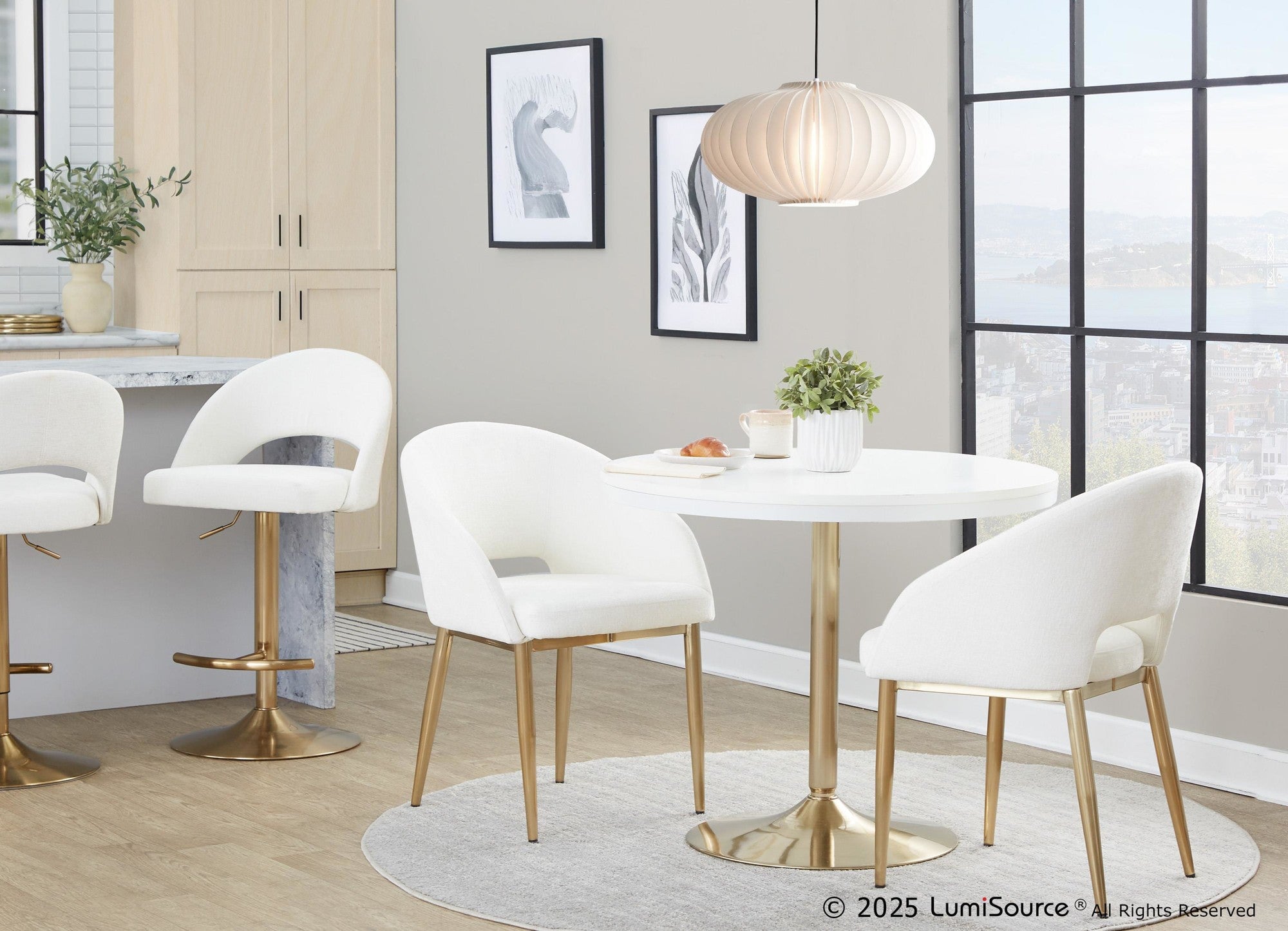 Renee Adjustable Barstool - Set of 2 - Gold Metal, White PU