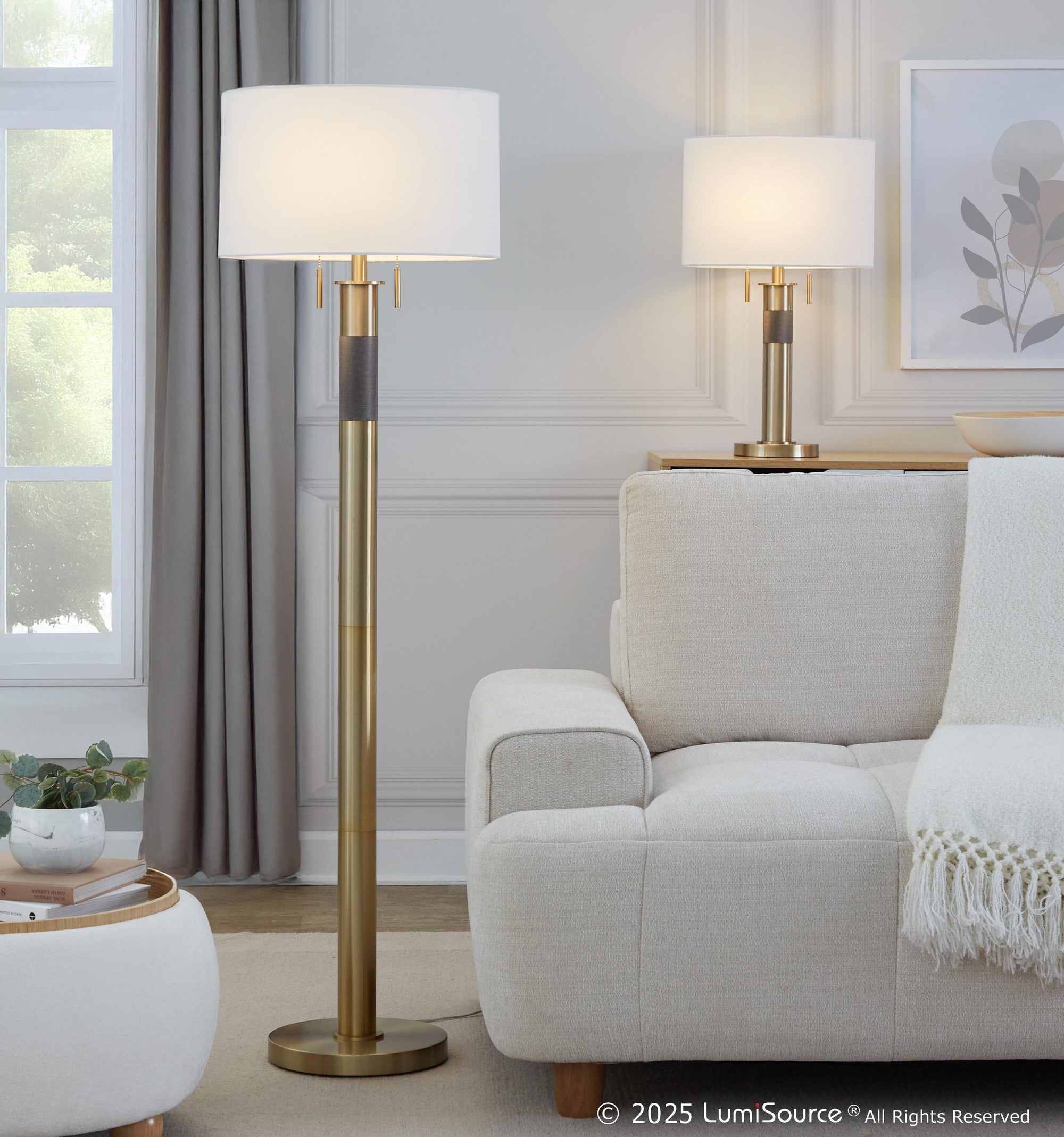 Trophy 27" Table Lamp - Gold Metal, White Linen