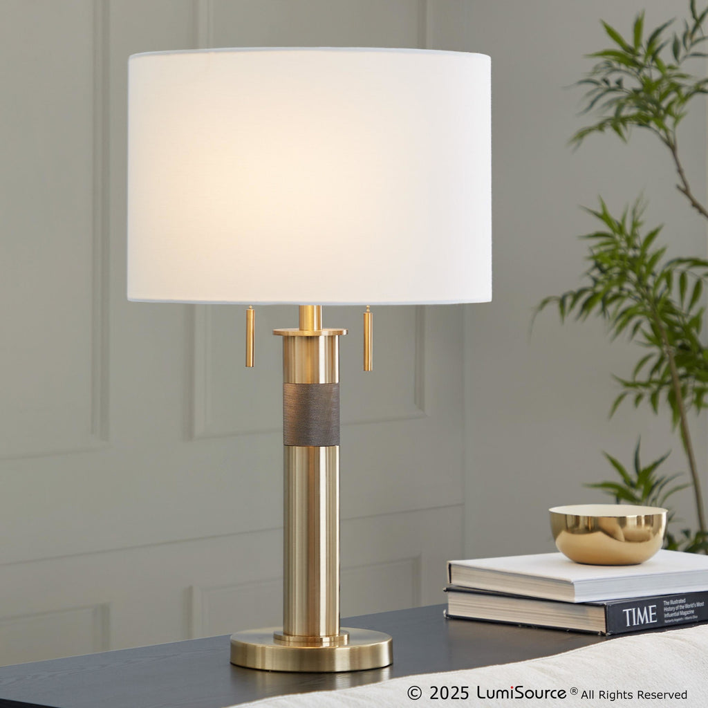 Trophy 27" Table Lamp - Gold Metal, White Linen