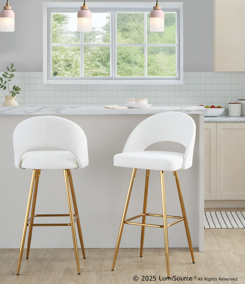 Renee Upholstered 30" Fixed-Height Barstool - Set of 2 - Gold Metal, Cream Fabric