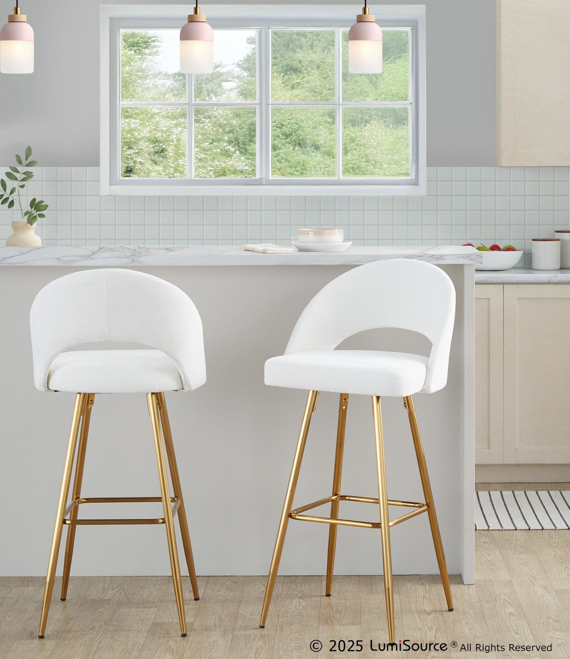 Renee Upholstered 30" Fixed-Height Barstool - Set of 2 - Gold Metal, Cream Fabric