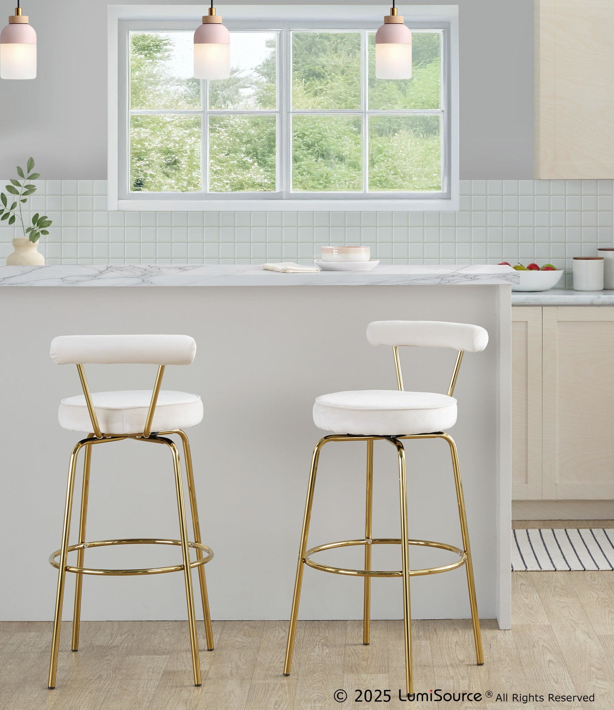 Rhonda 30" Fixed-Height Barstool - Set of 2 - Gold Metal, Cream Velvet
