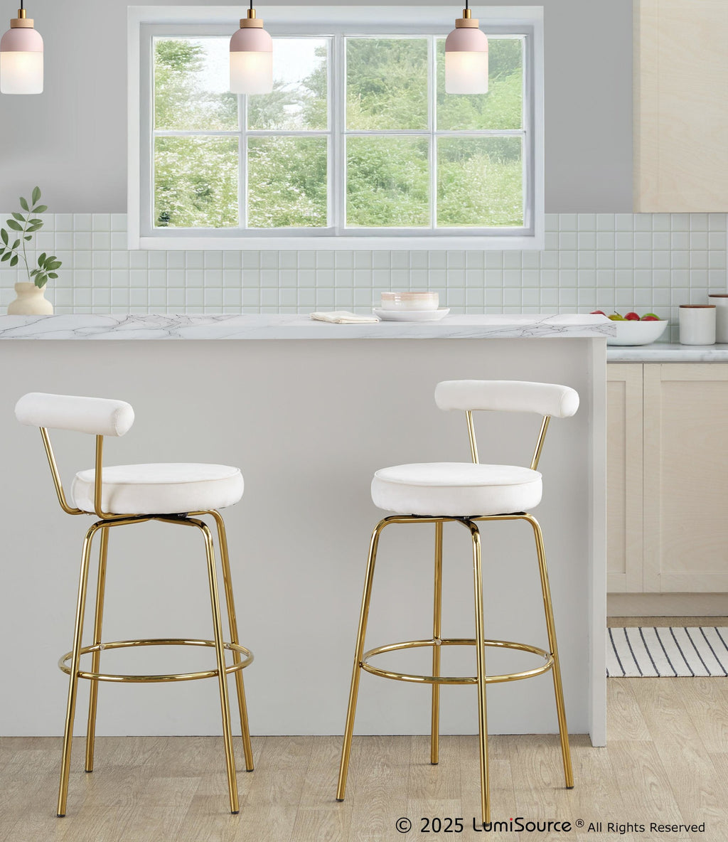 Rhonda 30" Fixed-Height Barstool - Set of 2 - Gold Metal, Cream Velvet