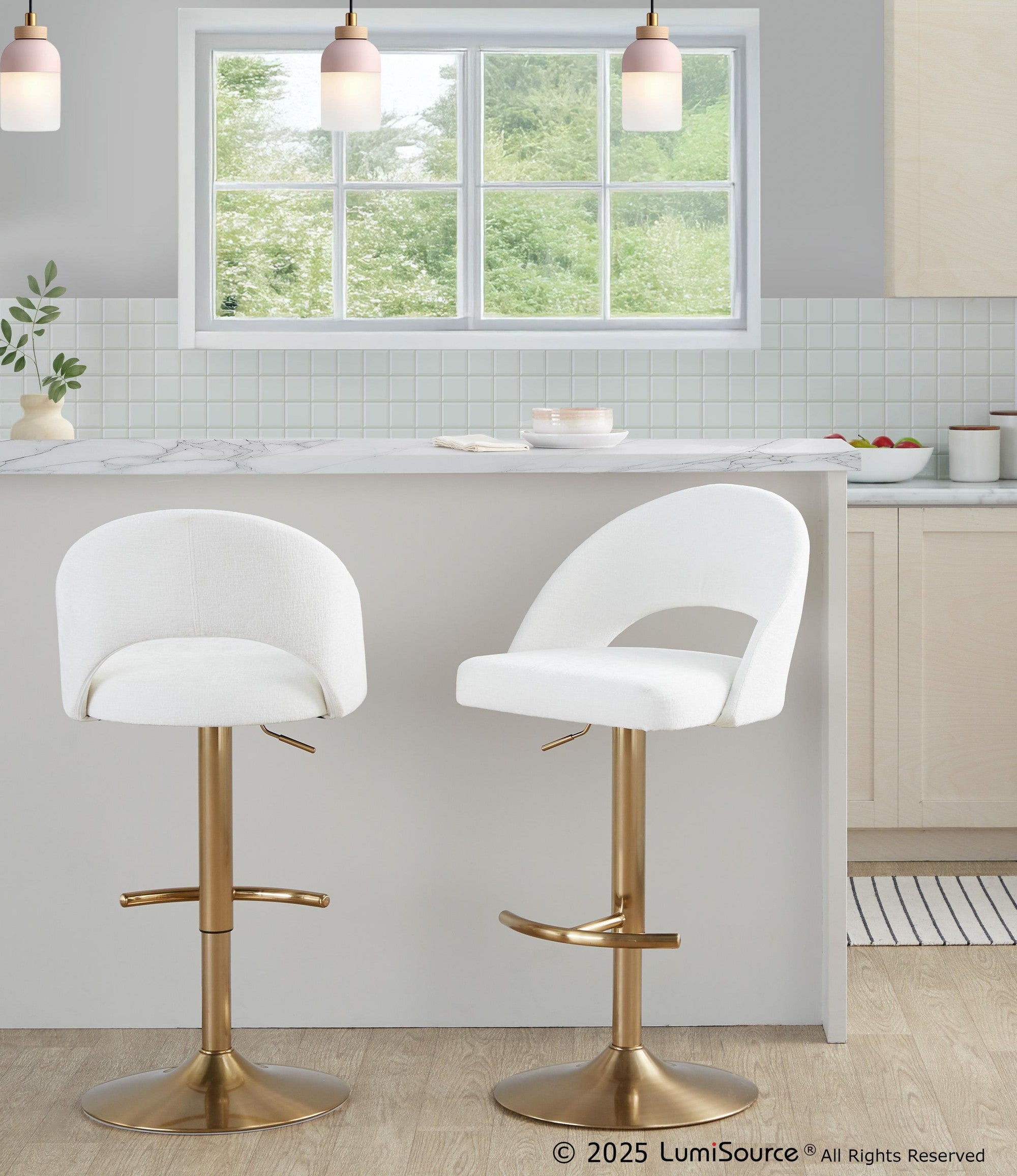 Renee Upholstered Adjustable Barstool - Set of 2 - Gold Metal, Cream Fabric
