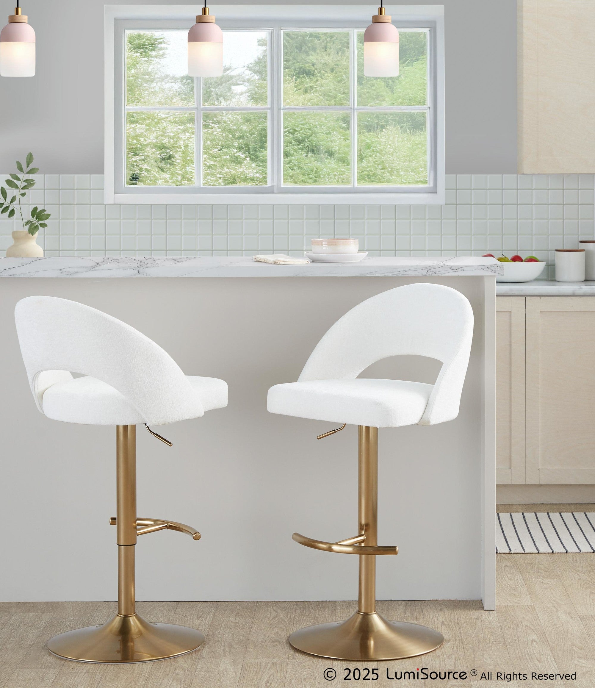 Renee Upholstered Adjustable Barstool - Set of 2 - Gold Metal, Cream Fabric