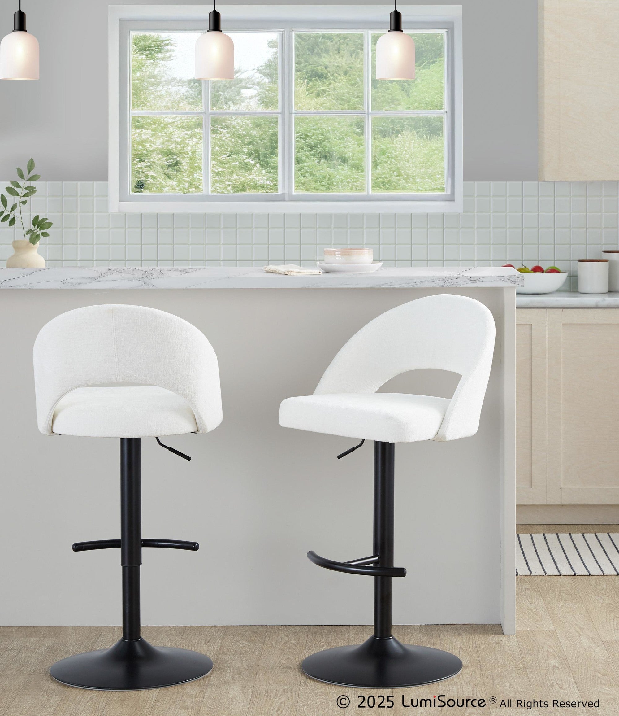 Renee Upholstered Adjustable Barstool - Set of 2 - Black Metal, Cream Fabric