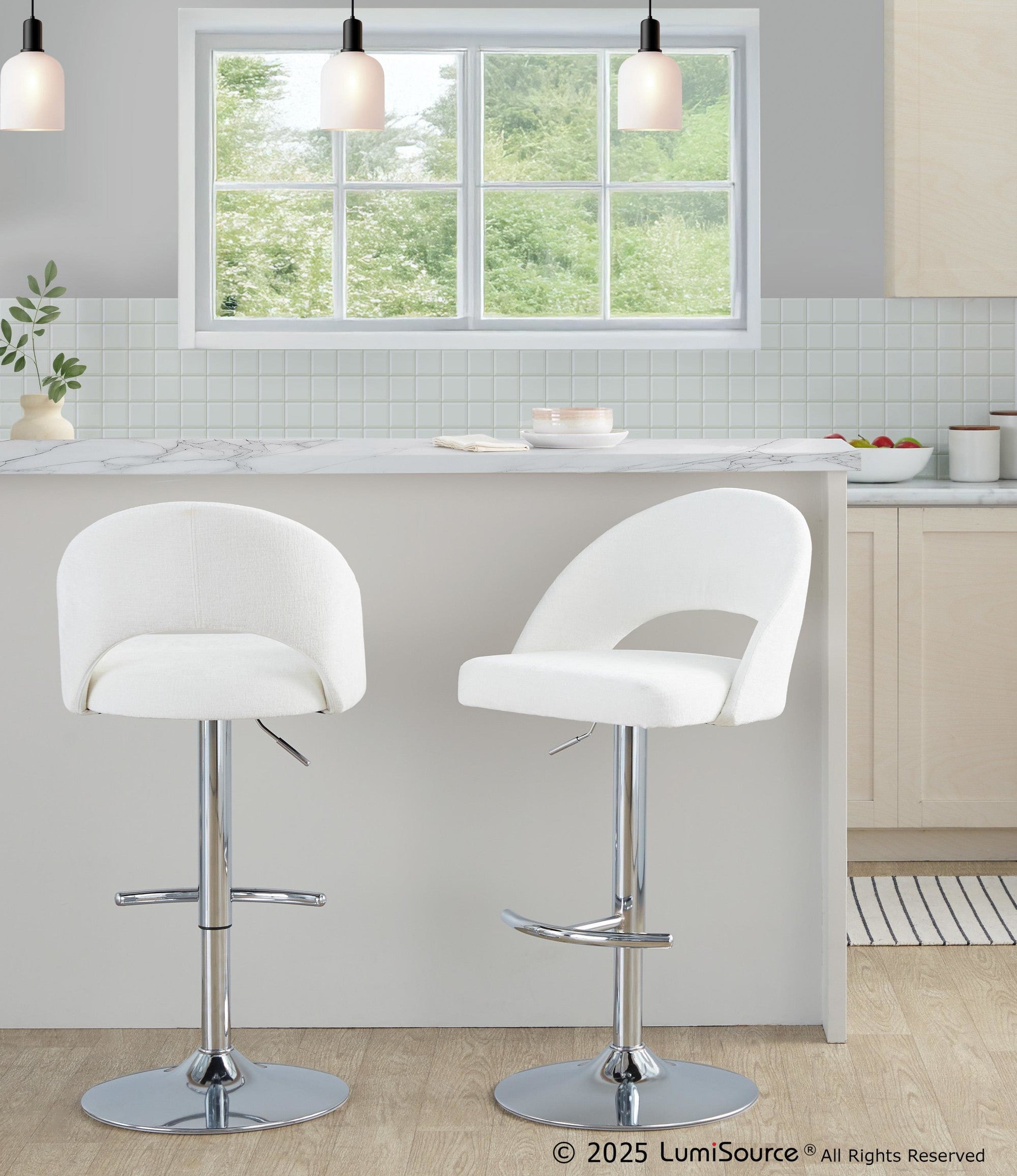 Renee Upholstered Adjustable Barstool - Set of 2 - Chrome, Cream Fabric