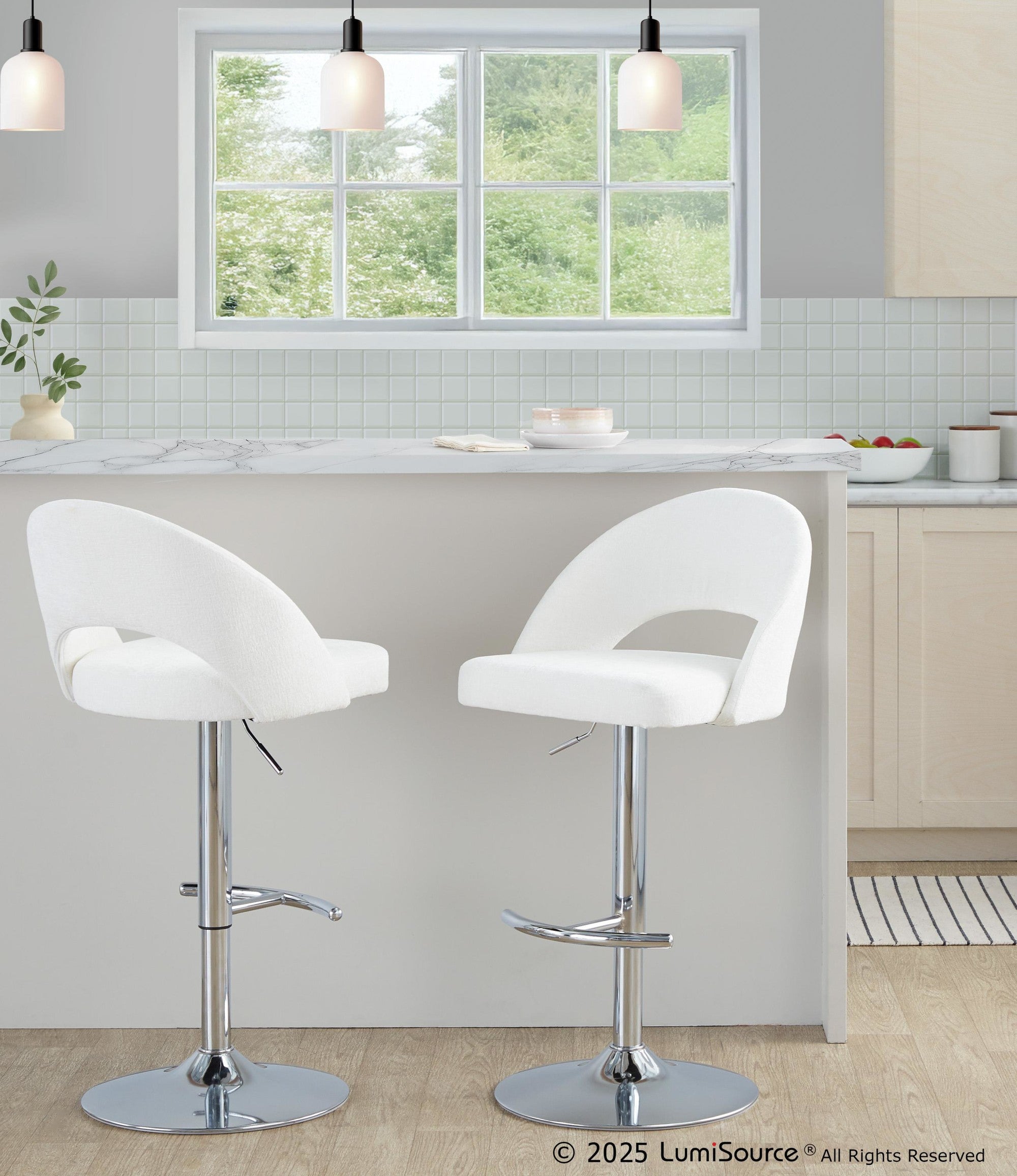 Renee Upholstered Adjustable Barstool - Set of 2 - Chrome, Cream Fabric
