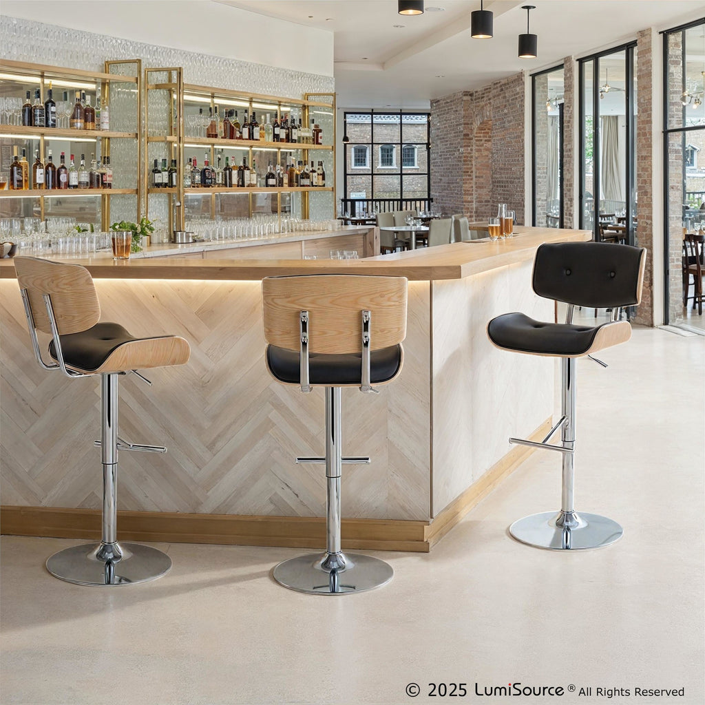 Lombardi Adjustable Barstool - Set of 2 - Chrome Metal, Natural Wood, Black PU