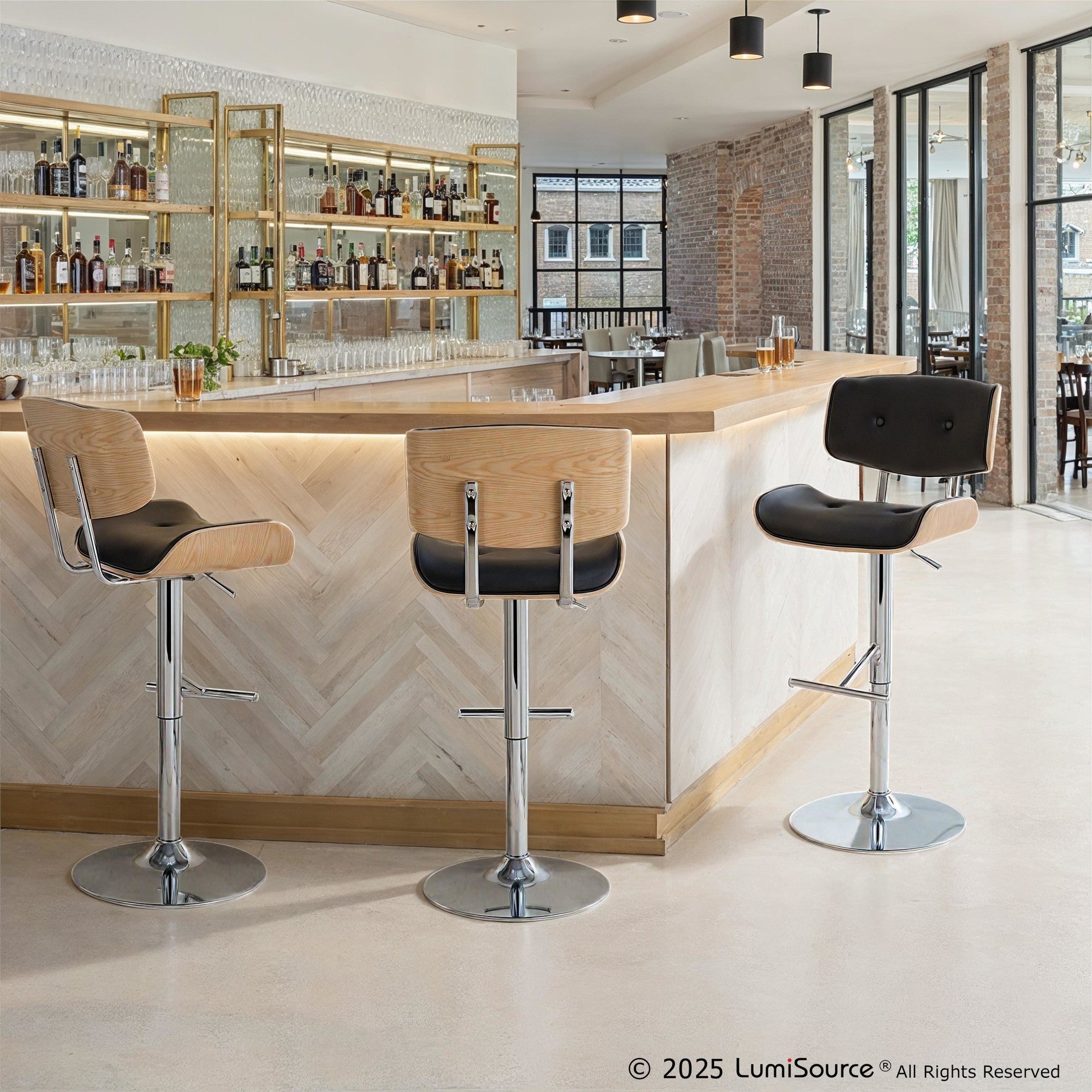 Lombardi Adjustable Barstool - Set of 2 - Chrome Metal, Natural Wood, Black PU