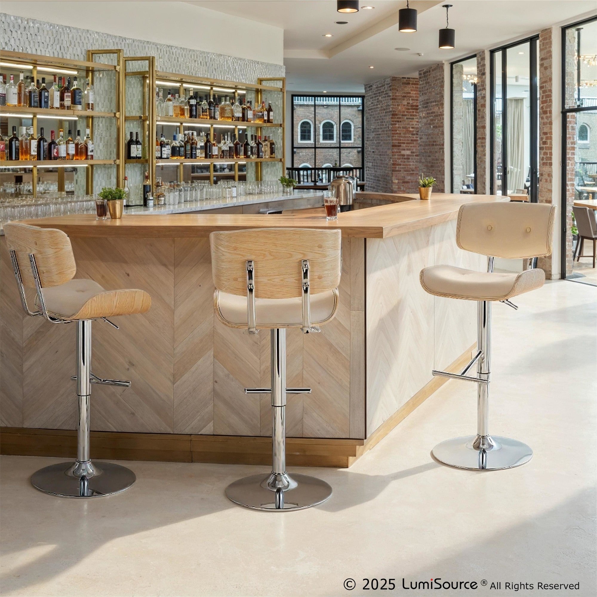 Lombardi Adjustable Barstool - Set of 2 - Chrome Metal, Natural Wood, Cream PU