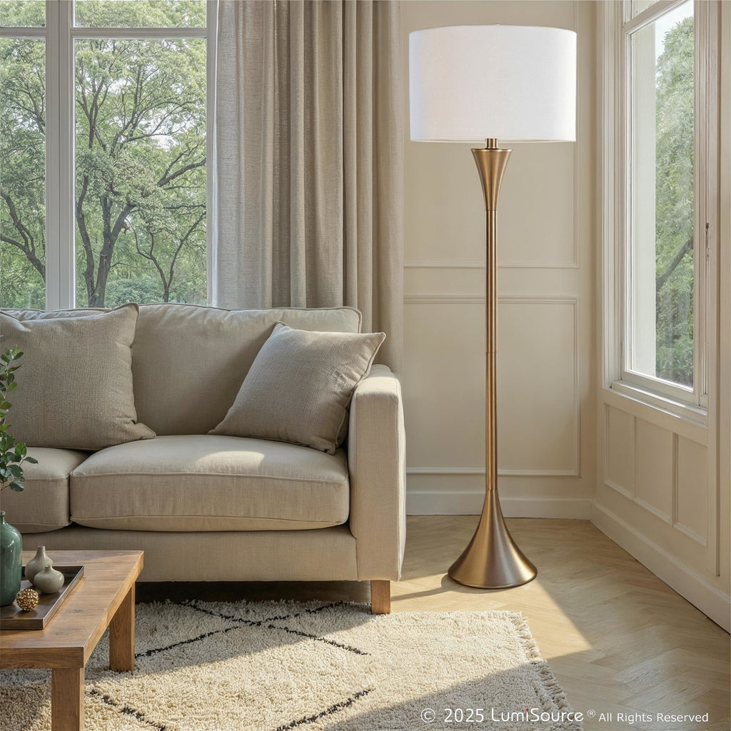 Lenuxe 65" Metal Floor Lamp - Matte Golden Bronze Metal, White Linen