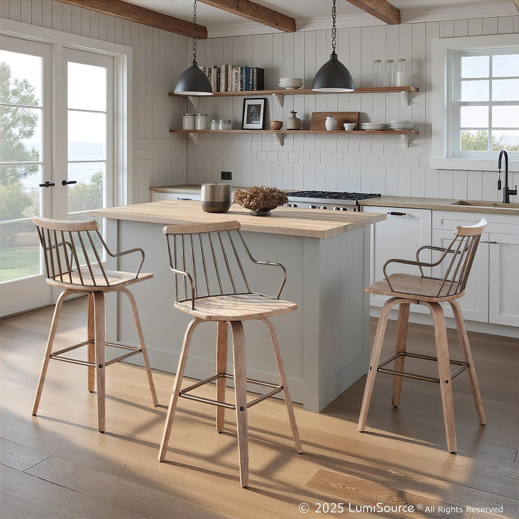 Preston 26" Fixed-Height Counter Stool - Whitewashed Wood, Antique Copper Metal