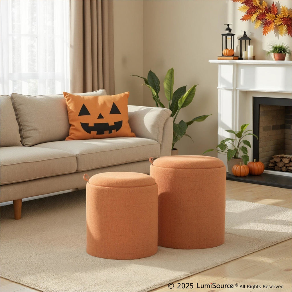 Tray Nesting Ottoman Set - Orange Fabric, Natural Wood