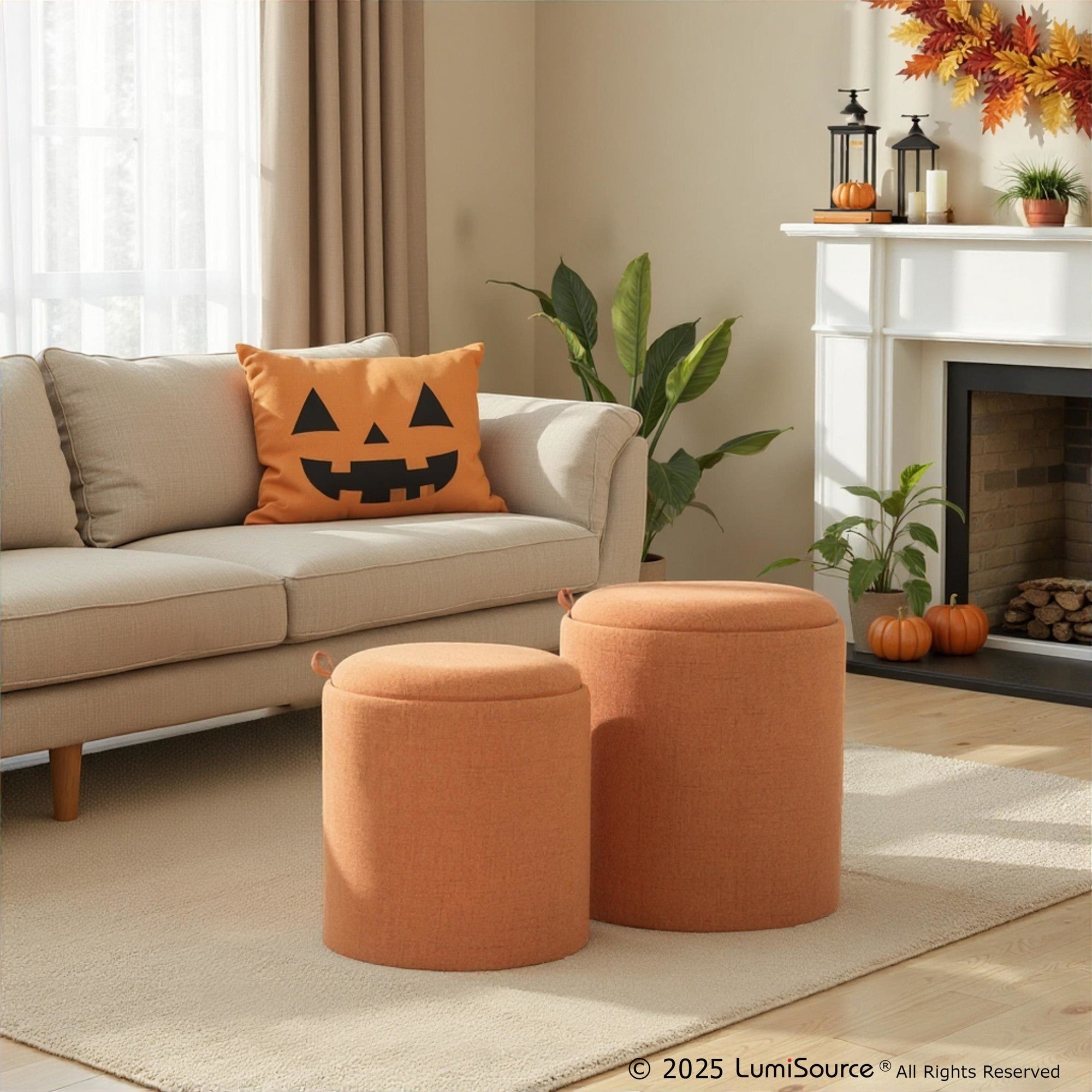 Tray Nesting Ottoman Set - Orange Fabric, Natural Wood