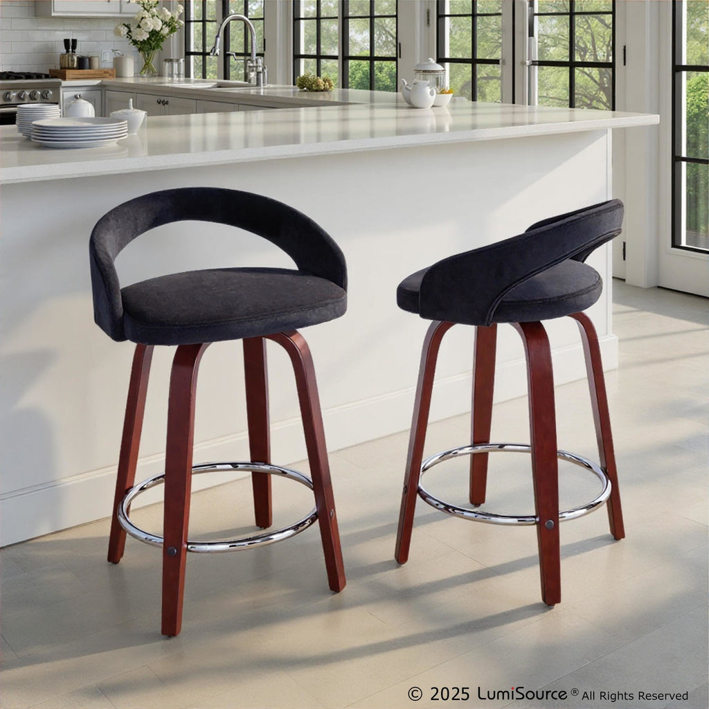 Grotto Upholstered 24" Fixed-Height Counter Stool - Set of 2 - Mahogany Wood, Black Velvet, Chrome Metal