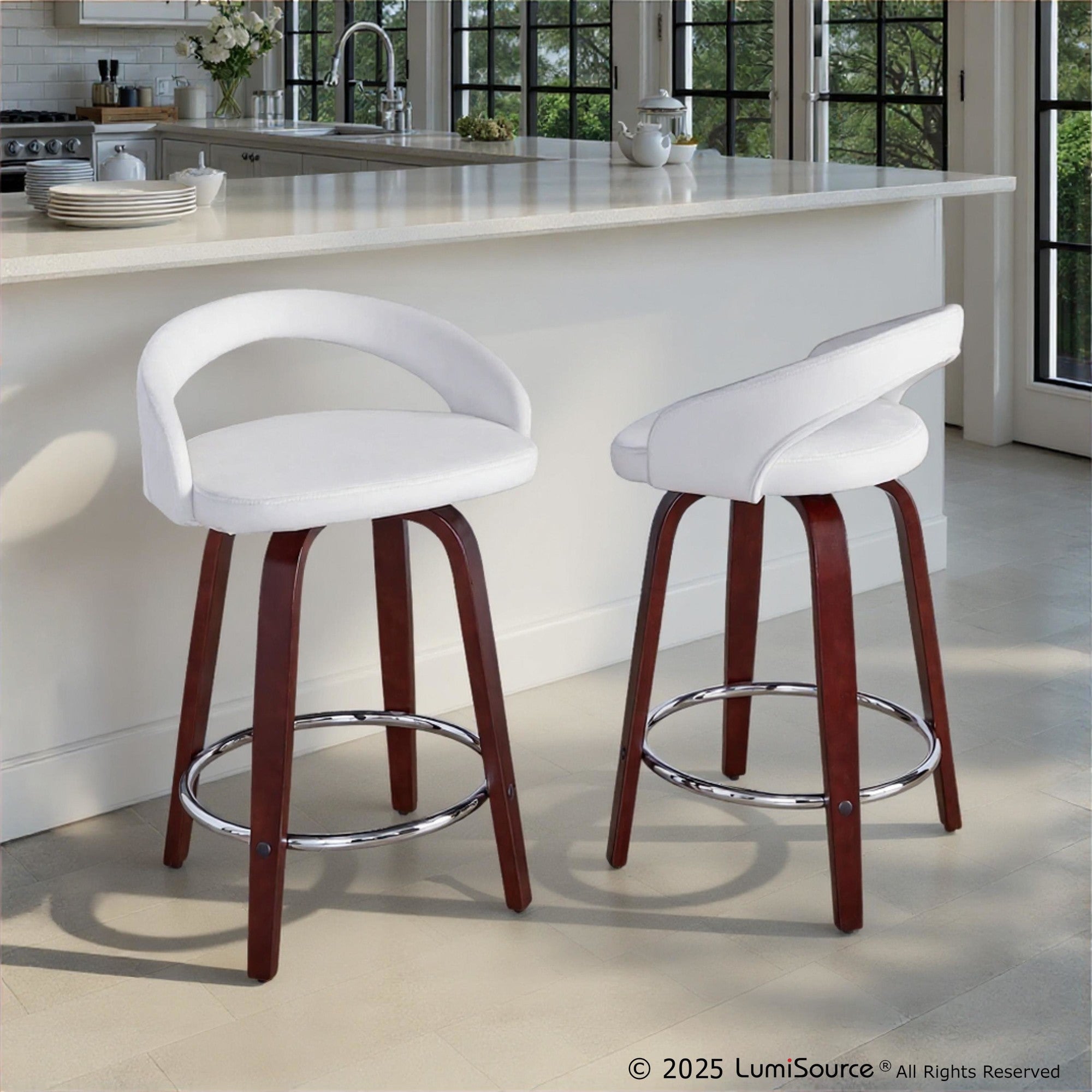 Grotto Upholstered 24" Fixed-Height Counter Stool - Set of 2 - Mahogany Wood, White Velvet, Chrome Metal