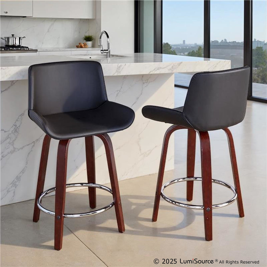 Santi Upholstered 24" Fixed-Height Counter Stool - Set of 2 - Mahogany Wood, Black PU, Chrome Metal